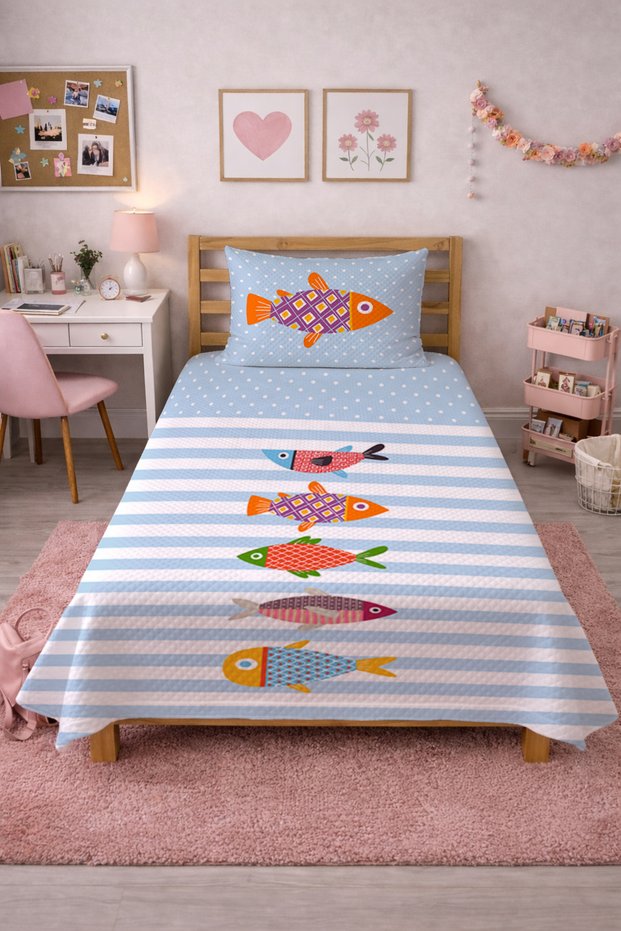 Fish Pattern Striped Sailor Teen Pike Set-Colorful Ocean Scandinavian Blue Decorative Bedspread