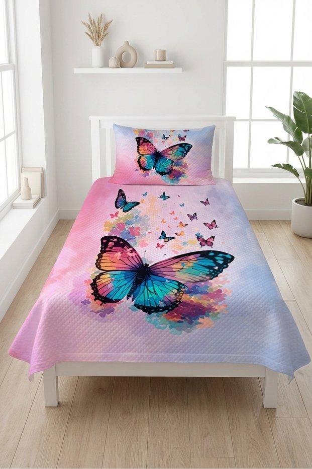 Butterfly Colorful Children's Baby Pique Set - Fairy Tale Themed Modern Pink Turquoise Decorative Bedspread