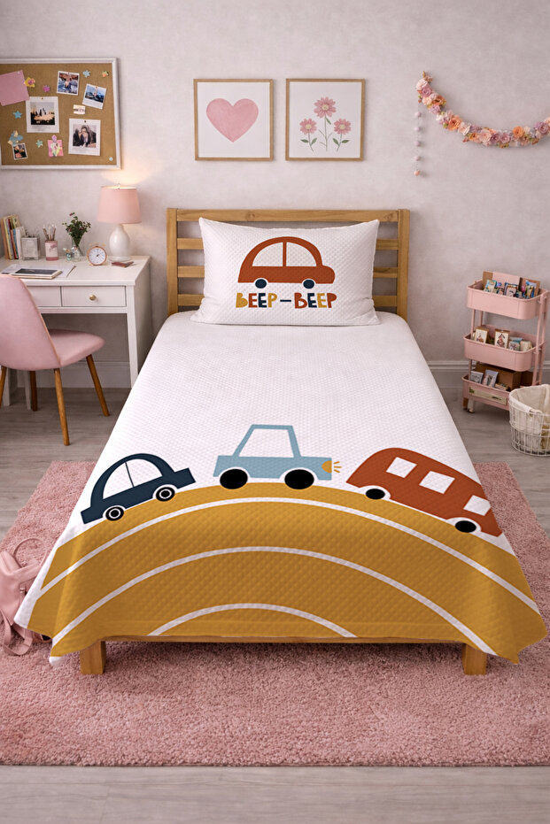 Car and Road Themed Baby Pique Set - Linear Transportation Nordic Mustard Blue Decorative Bedspread
