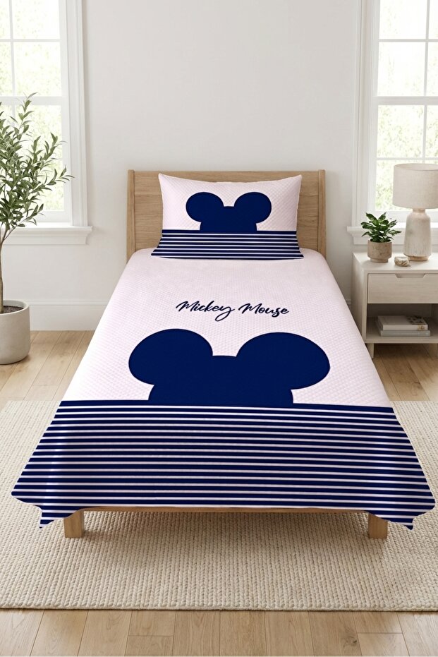 Children's Pique Set with Striped Ear Figures - Navy Blue Minimal Modern White Quilted Bedspread