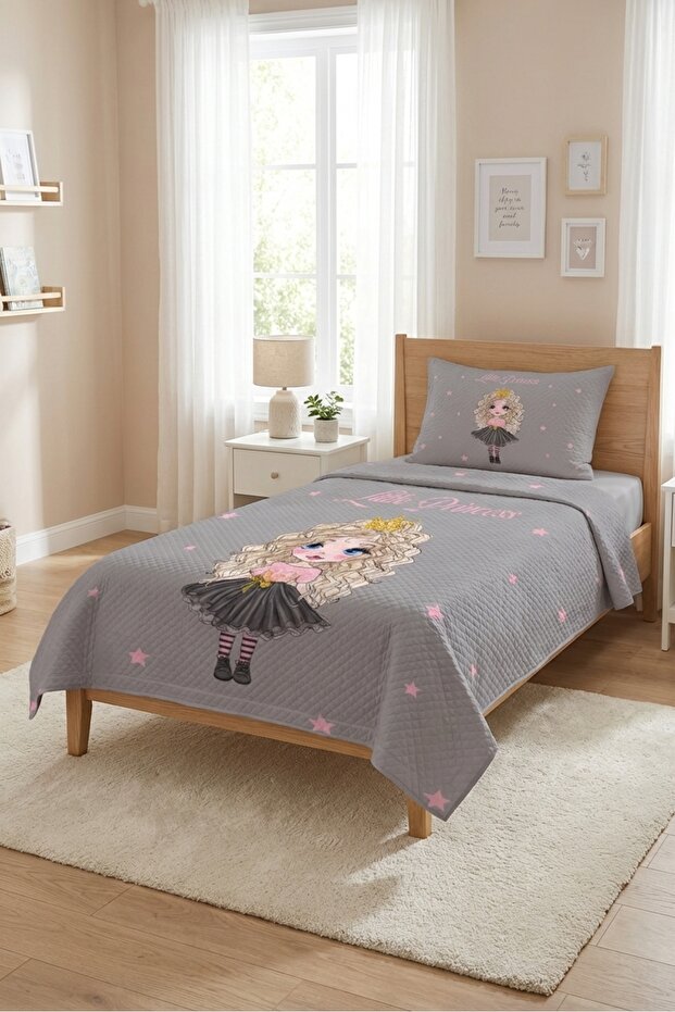 Children's Single Pique Set with Princess Star Figure - Fairy Tale Concept Nordic Gray Pink Bedspread