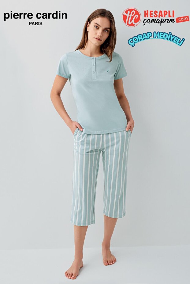 Women's Large Size Modal Cotton Comfortable Fit Striped Capri Short Sleeve Pajama Set