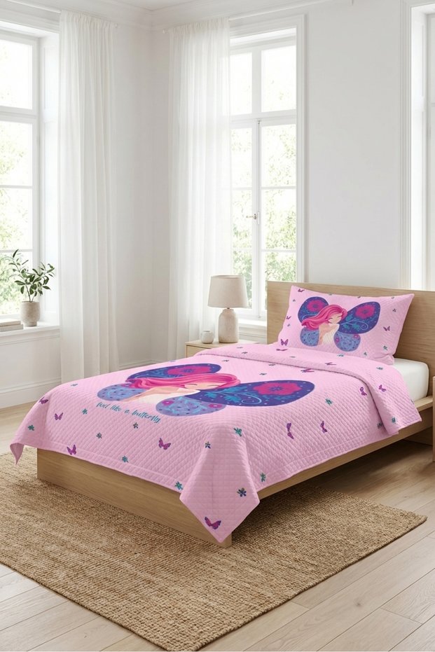 Butterfly Fairy Floral Pink Baby Pique Set - Fairy Tale Themed Modern Lilac Fuchsia Quilted Bedspread