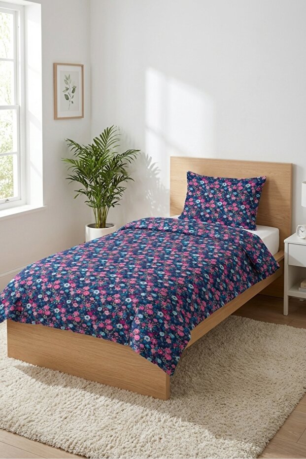 Floral Patterned Navy Blue Baby Pique Set - Bohemian Garden Coral Turquoise Quilted Bedspread