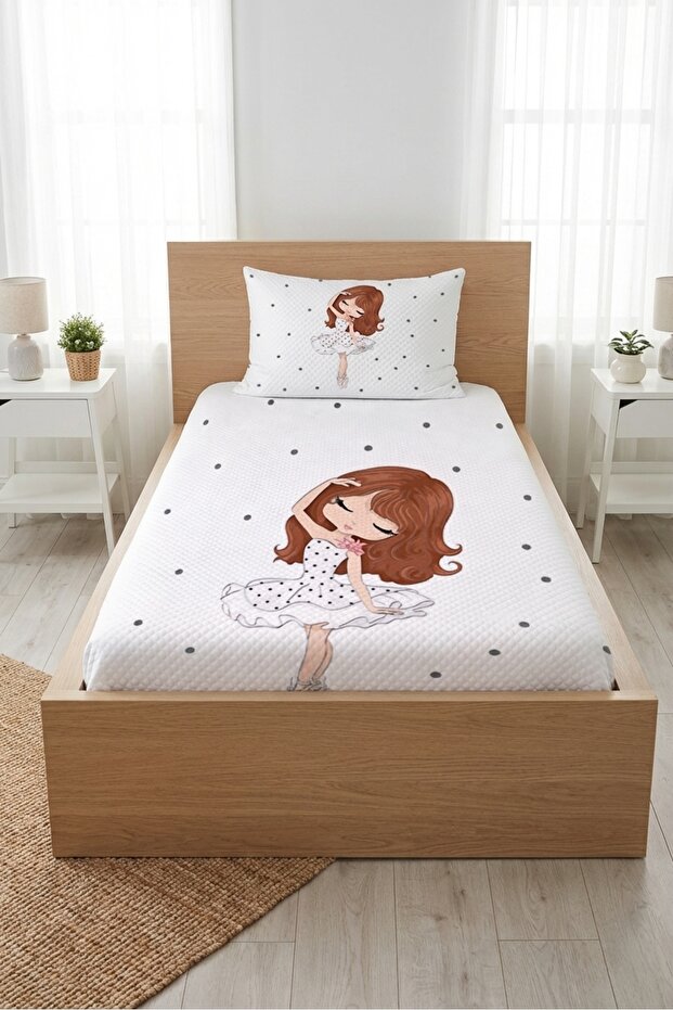 Children's Pique Set with Polka Dot Elegant Ballerina Figure - Romantic Themed Modern Gray Decorative Bedspread