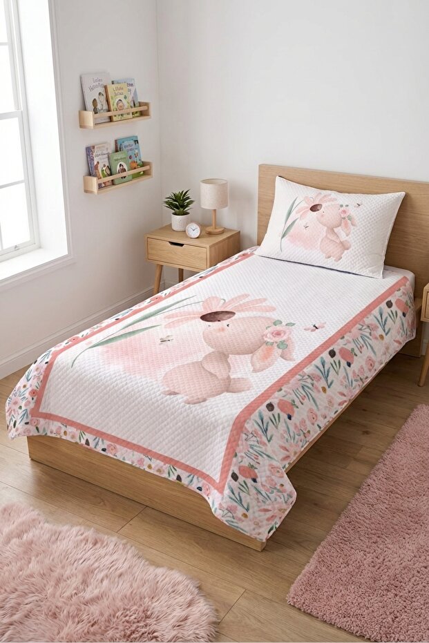 Rabbit Floral Pink Single Pique Set-Romantic Garden Bohemian Salmon Mint Quilted Bedspread
