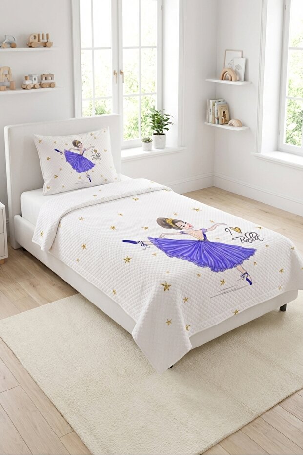 Ballerina Starry Purple Young Pique Set-Princess Themed Modern White Gold Decorative Bedspread