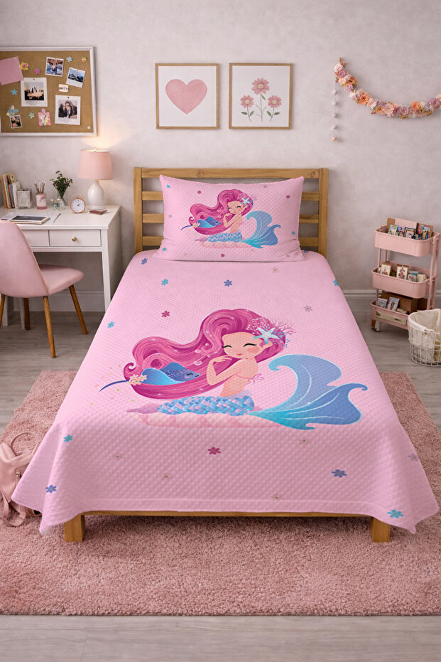 Mermaid Wave Tale Children's Pique Set - Fairy-Inspired Modern Pink Blue Quilted Bedspread