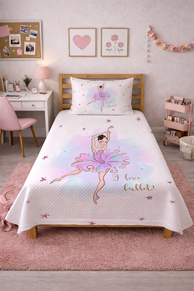 Ballerina Star Pastel Children's Single Pique Set-Princess Modern Pink Lilac Decorative Bedspread