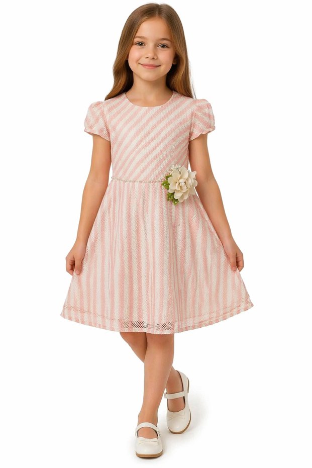 Girl's Floral Detailed Lined Midi Length Powder Color Dress