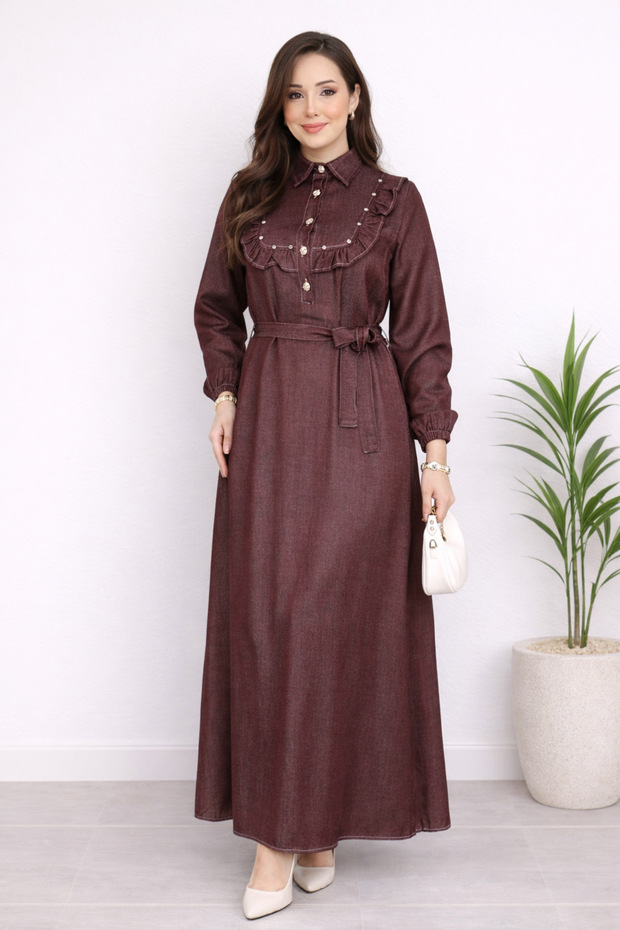 Women's Belted Ruffle Detailed Denim Dress Sb0015