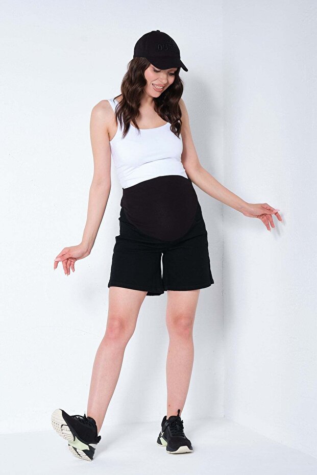 Maternity Stretchable Waistband Adjustable Denim Shorts Black