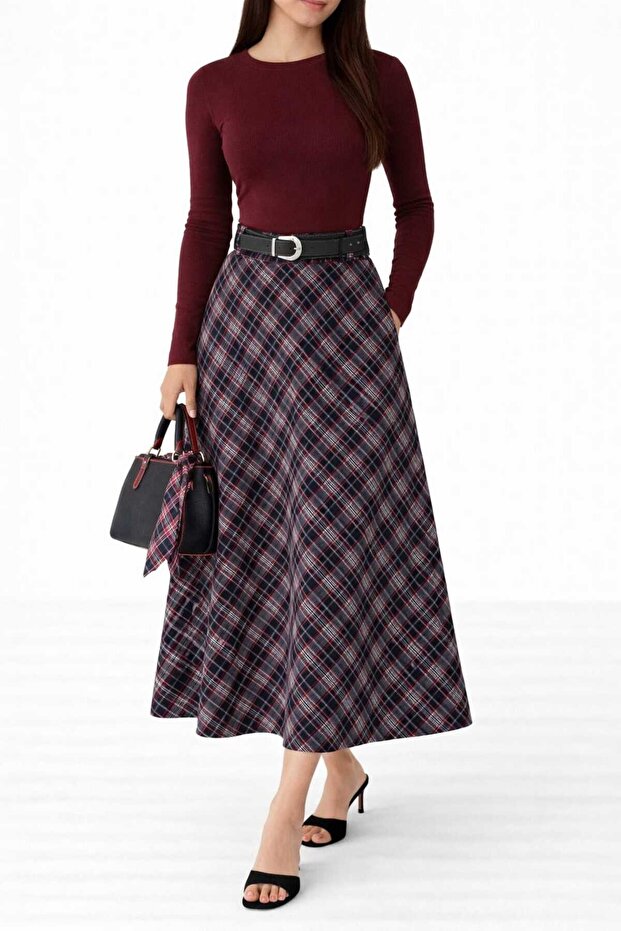 Plaid Belted Long Skirt / Hijab Compatible Flared Model