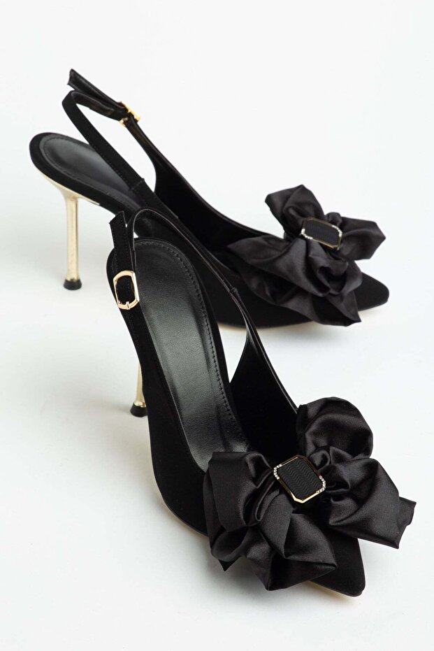 Women's Thin Heeled Shoes Stiletto Black Satin with Big Bow