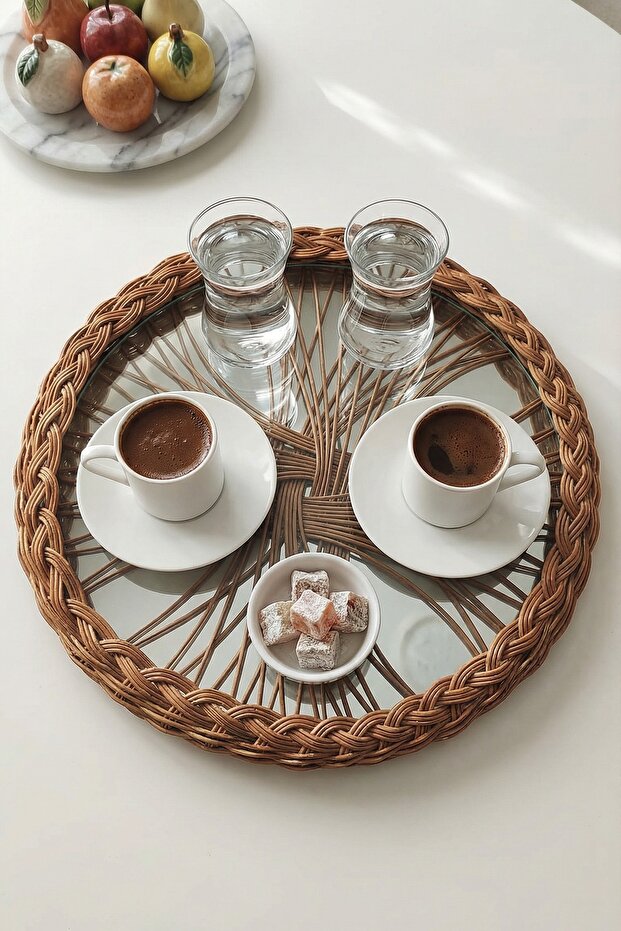 Glass Base Rattan Framed Round Presentation Tray – Wicker Decorative Tray Brown