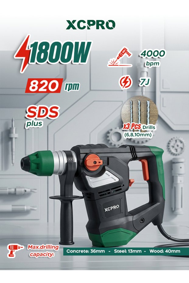 مثقاب دوار 1800 واط SDS Plus 7J مع نظام مضاد للاهتزاز المزدوج