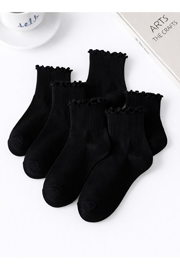 3-Piece Ruffle Detailed 100% Cotton Black Short Women's Socks