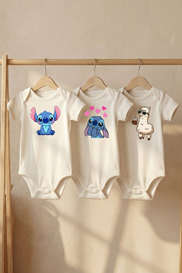 Organic 100% Cotton Set of 3 Cute Character Printed Short Sleeve Snap Fastener Baby Bodysuits