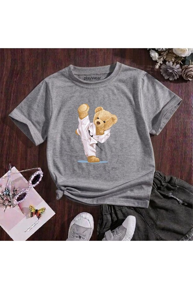 Kareteci Bear Printed 100% Cotton Crew Neck Kids Unisex T-Shirt 5 6 -7 8-9 10 -11 12 Years Old