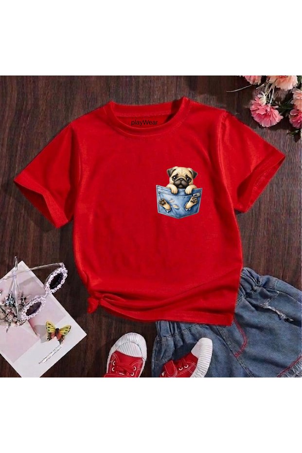 Chest Pocket Dog Printed 100% Cotton Crew Neck Kids Unisex T-Shirt 5 6 -7 8-9 10 -11 12 Years Old