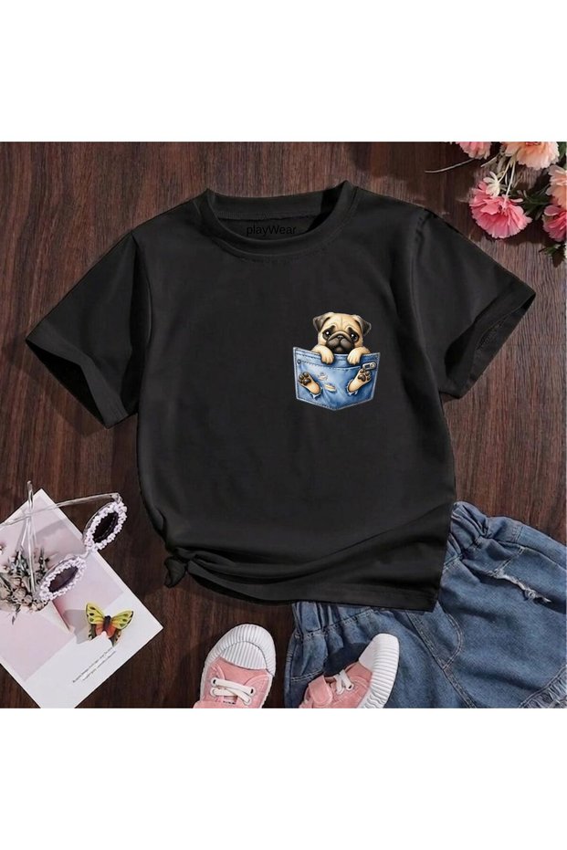 Chest Pocket Dog Printed 100% Cotton Crew Neck Kids Unisex T-Shirt 5 6 -7 8-9 10 -11 12 Years Old