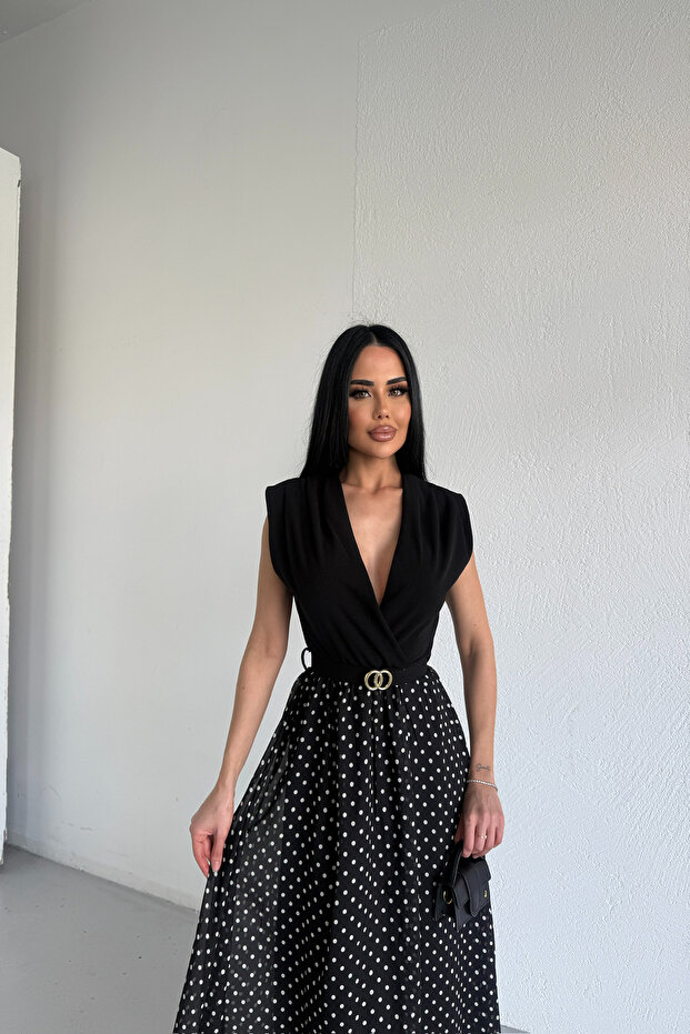 Kruvaze Collar Skirt Polka Dot Chiffon Dress