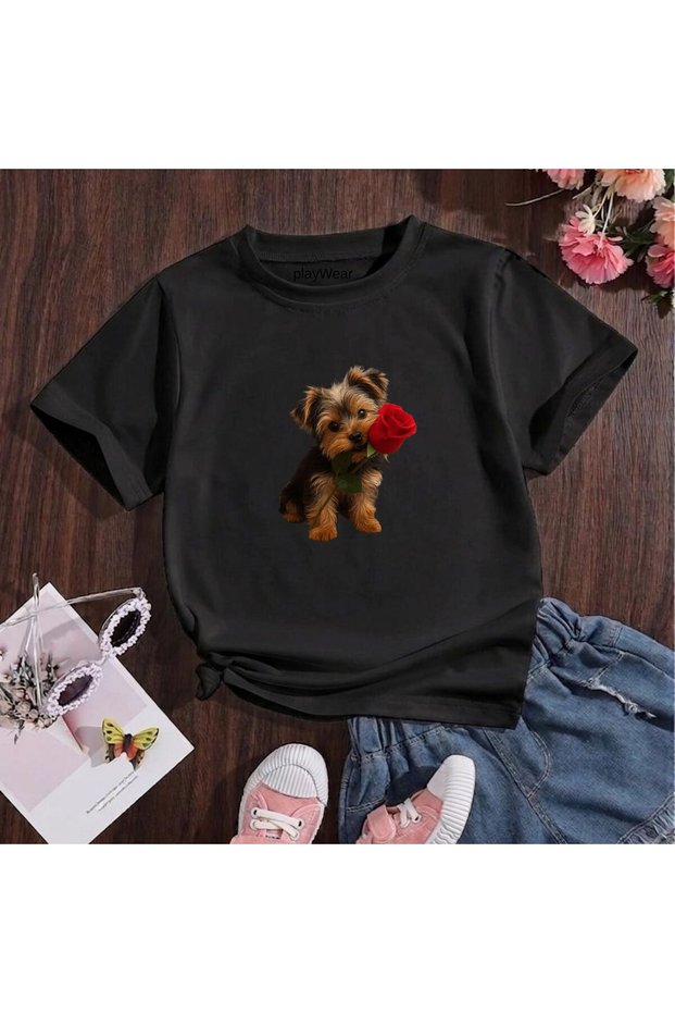 Rose Holding Doge Printed 100% Cotton Crew Neck Kids Unisex T-Shirt 5 6 -7 8-9 10 -11 12 Years Old