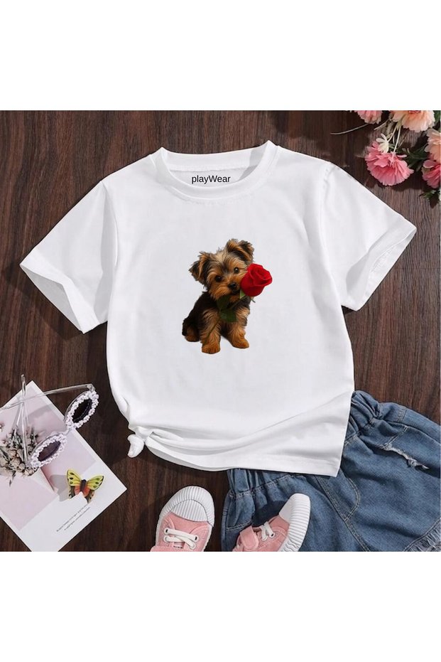 Rose Holding Doge Printed 100% Cotton Crew Neck Kids Unisex T-Shirt 5 6 -7 8-9 10 -11 12 Years Old