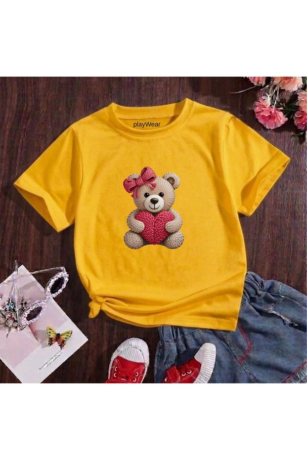 Knitted Bear Printed 100% Cotton Crew Neck Kids Unisex T-Shirt 5 6 -7 8-9 10 -11 12 Years Old