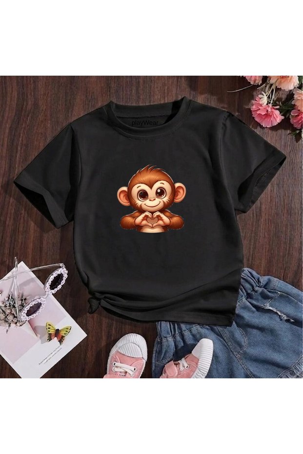 Heart Making Monkey Printed 100% Cotton Crew Neck Kids Unisex T-Shirt 5 6 -7 8-9 10 -11 12 Years Old