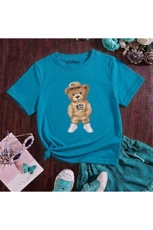 Nycc Bear Printed 100% Cotton Crew Neck Kids Unisex T-Shirt 5 6 -7 8-9 10 -11 12 Years Old