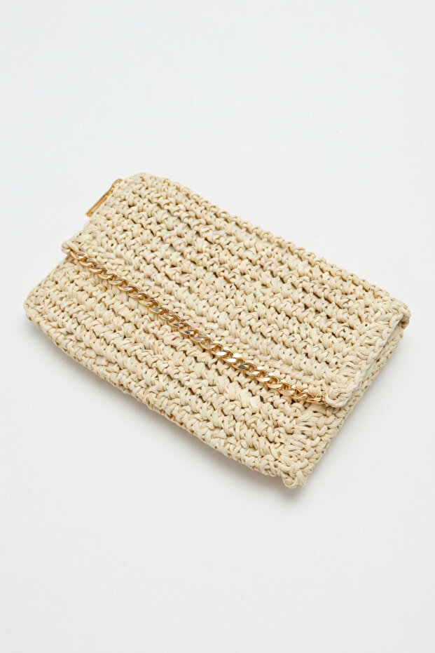 Women's Premium Series Handmade Ecru Straw Portfolio | Envelope Hand Bag with Gold Chain