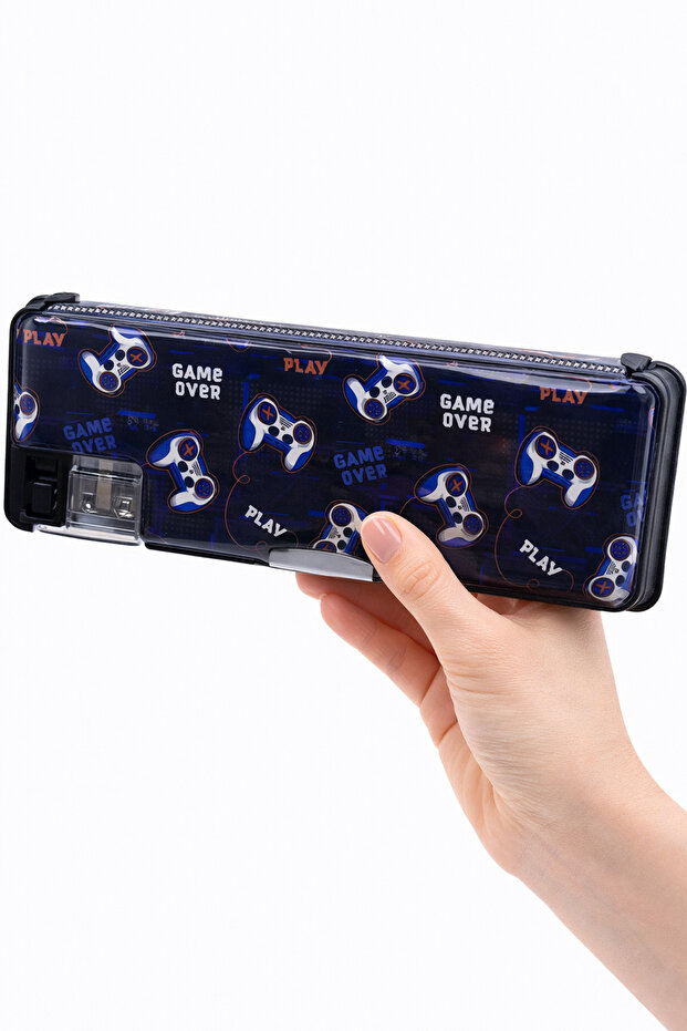 Fixpoint Navy Blue Pencil Case with Sharpener – Gamer/Gaming Themed, Compartmented, Boys' School Pencil Case