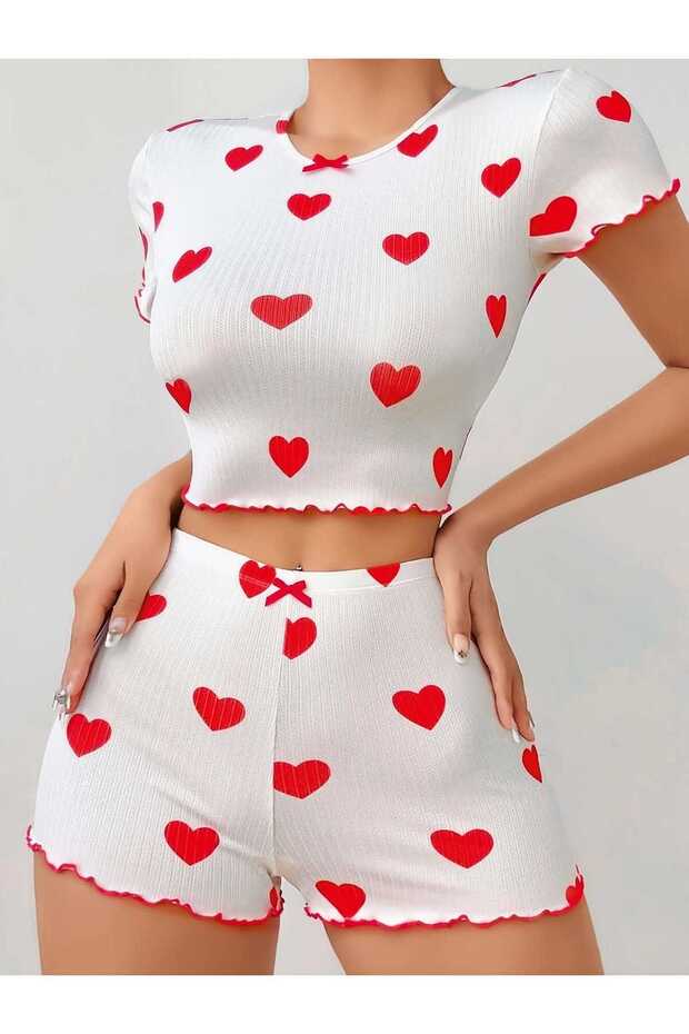 Heart Patterned Ruffle Shorts Pajama Set