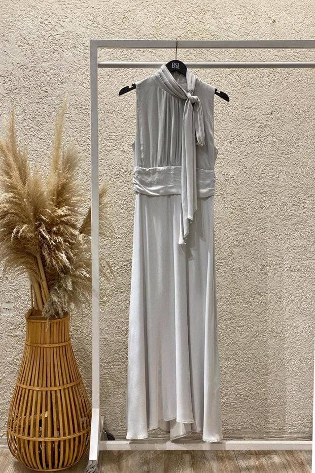 Women's Gray Satin Look High-Neck Long Evening Dress with Shoulder Scarf