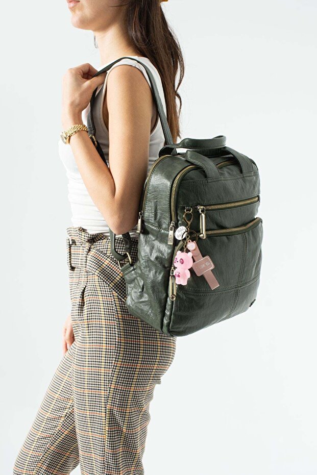Washed Leather, Multi-Compartment, Laptop Compartment Backpack (Casual, Travel) Green Model: (571-14-17N)