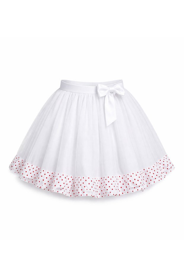 Girl's White Polka Dot Tulle Skirt 5-13 Years Old Stylish Design with Bow Detail