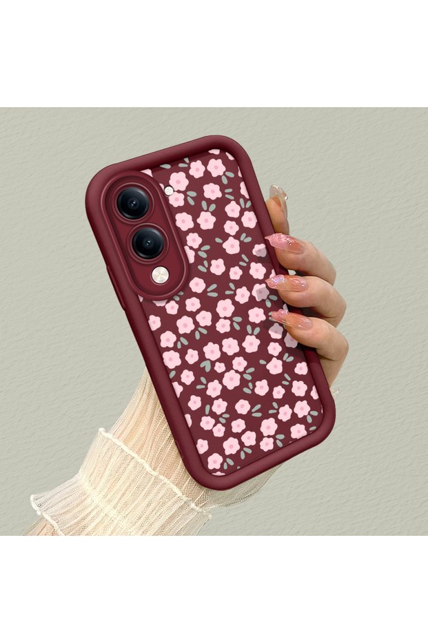 Vivo Y04/Y19/Y29S Compatible Cute Floral Patterned Claret Red Phone Case
