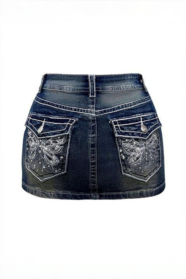 Butterfly Patterned Y2K Denim Skirt with Stone Detail