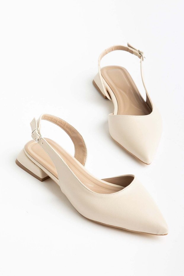 Women's Short Heeled Shoes Beige Side Open Heeled Shoes Narrow Fit