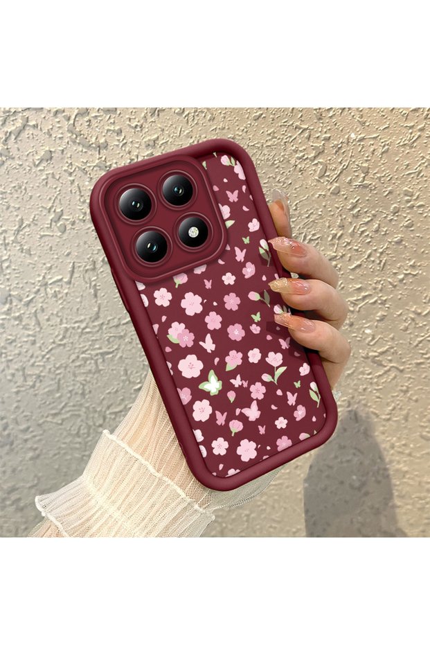 Mi 14t Compatible Cute Floral Patterned Claret Red Phone Case