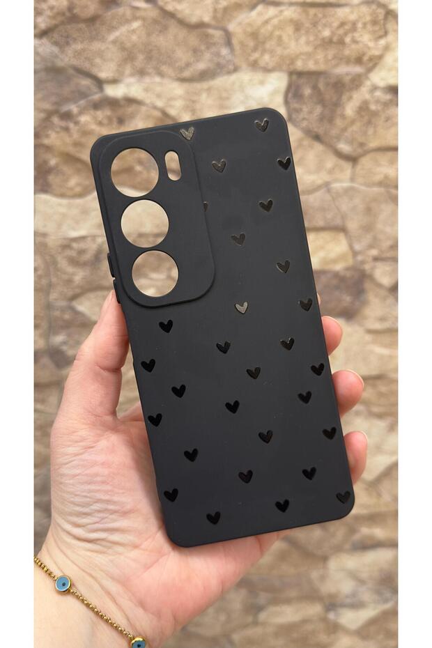 Vi̇vo Y19S Compatible Mini Black Heart Patterned Silicone Shock Absorbing Classic Protected Rubber Case