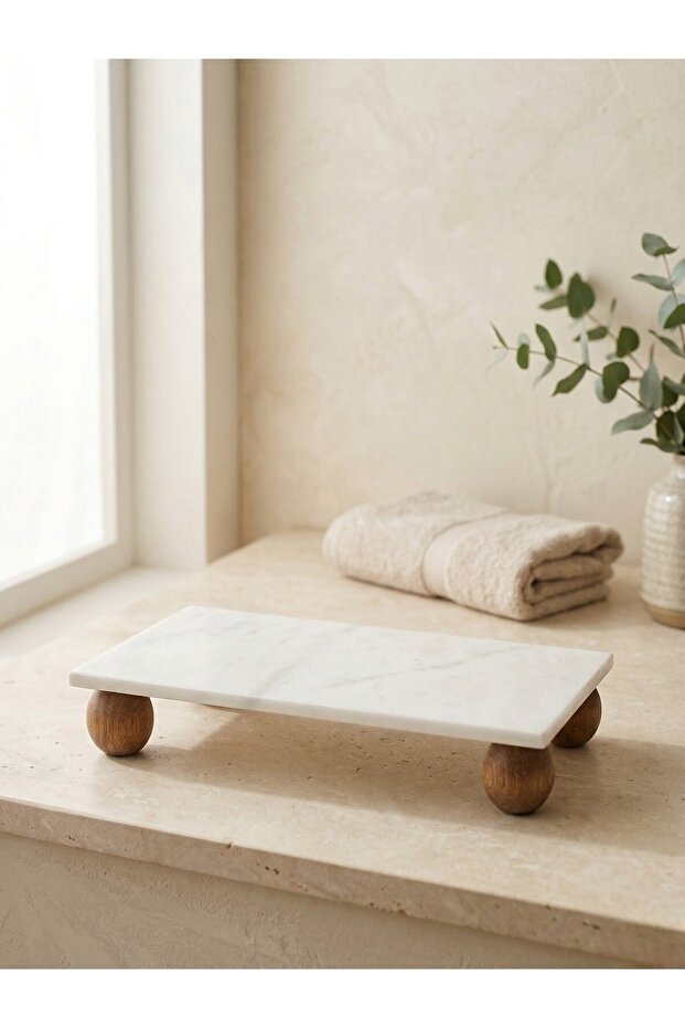 Modern Natural Marble and Wooden Pedestal Riser Presentation Stand - Bathroom and Perfume Organizer (15X30 cm)