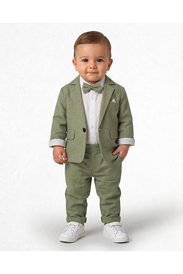 Baby Boy Linen Jacket, Trousers, Snap Button Shirt, 3-6-9-12-18-24 Months Stylish Bow Tie 4-Piece Set