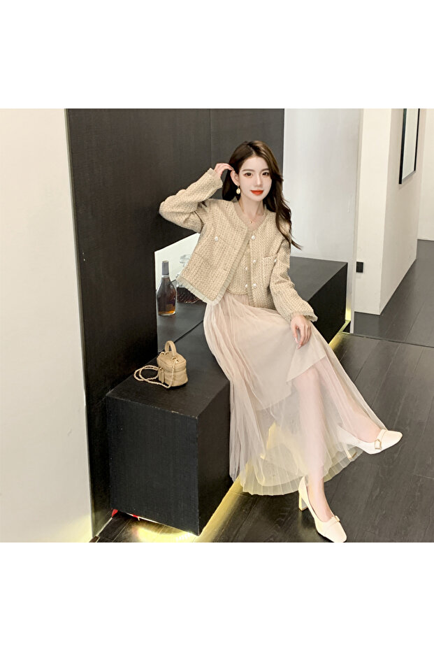 Two-Piece Set: Short Cardigan Coat and Mesh Halter Dress