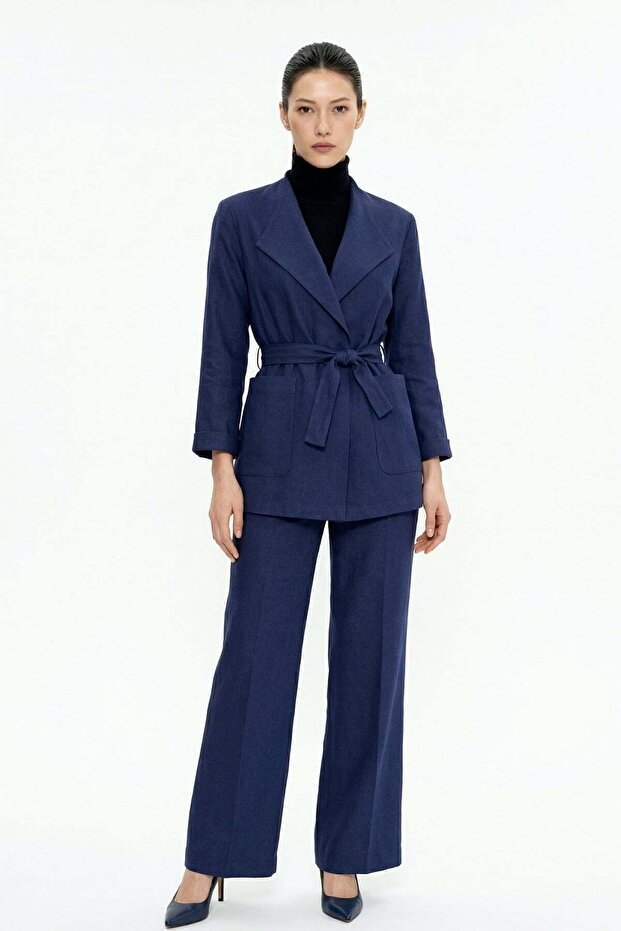 Belted Double-Breasted Jacket and Trousers Set