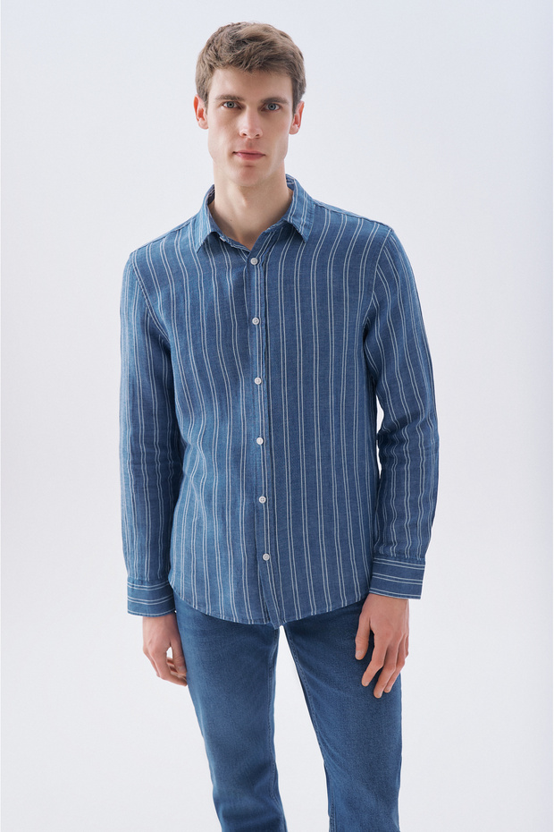 Men's Indigo Striped Regular Fit Linen Blend Long Sleeve Shirt