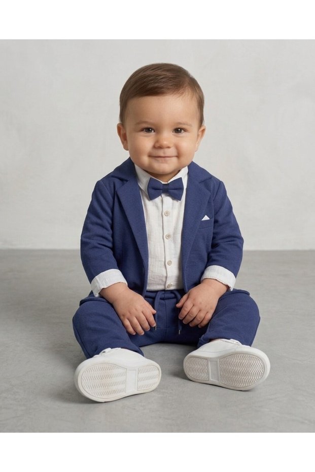 Baby Boy Blue Jacket, Pants, Snap Button Shirt, 3-6-9-12-18-24 Months Stylish Bow Tie 4-Piece Set