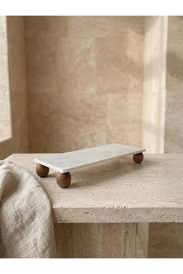 Decorative 40X15 cm Real Marble (40 mm) Bathroom Organizer and Kitchen Presentation Tray with Wooden Legs