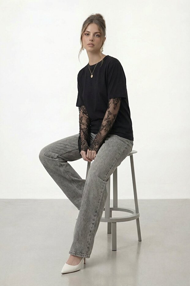 Lace Sleeve Detailed Short Sleeve Oversize T-Shirt